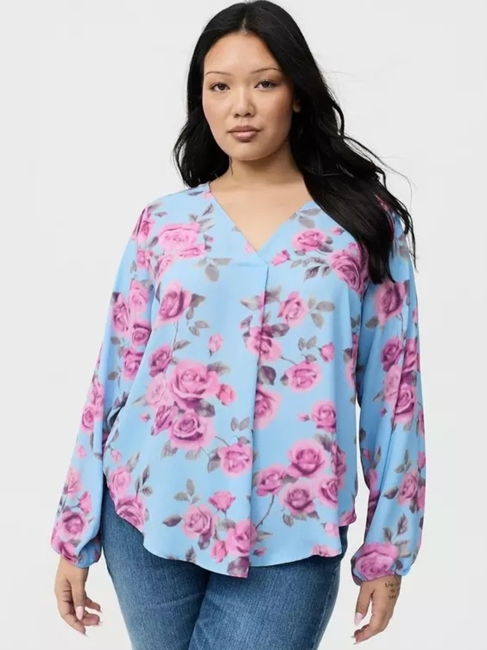 Torrid Georgette Pullover Tunic Pink Roses & Sky Blue